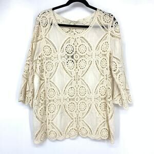 Ultra Pink Crochet Lace Mandala Tunic Top Women's L Cream Boho Bell Sleeve